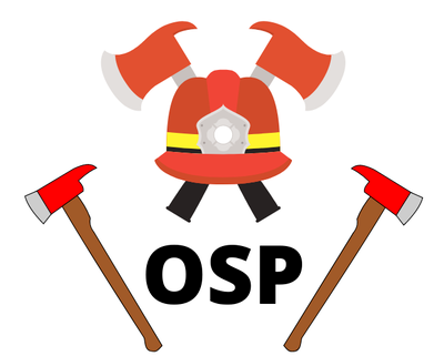 Litery OSP, dwa toporki strażackie po bokach oraz hełm strażacki