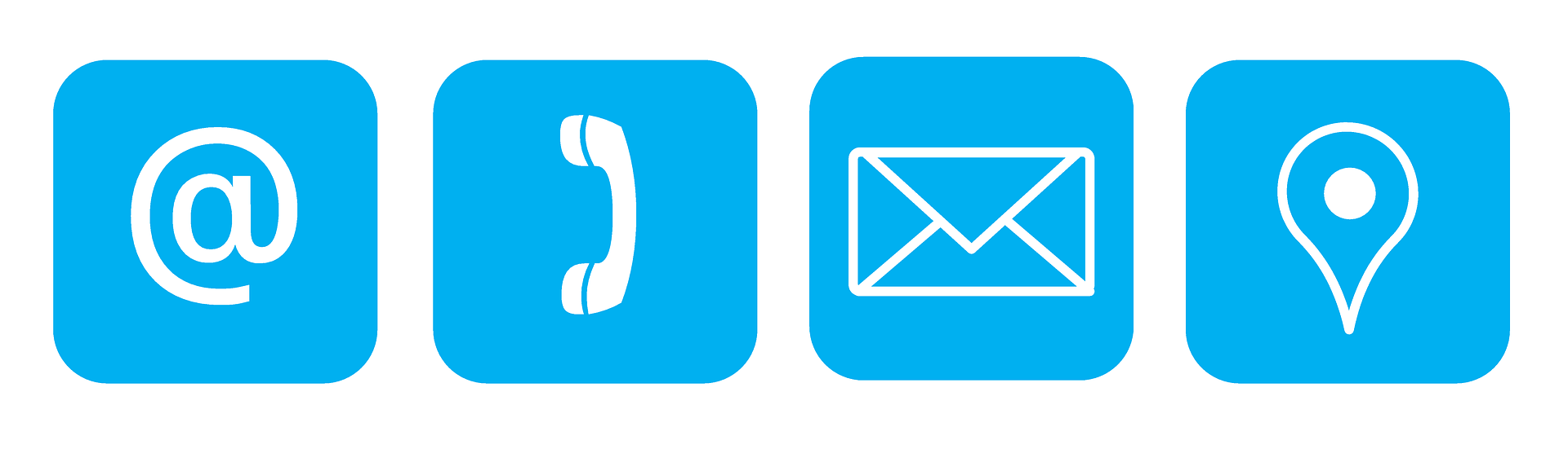 Białe ikony na niebieskim tle: emaila, telefonu, poczty i lokalizacji