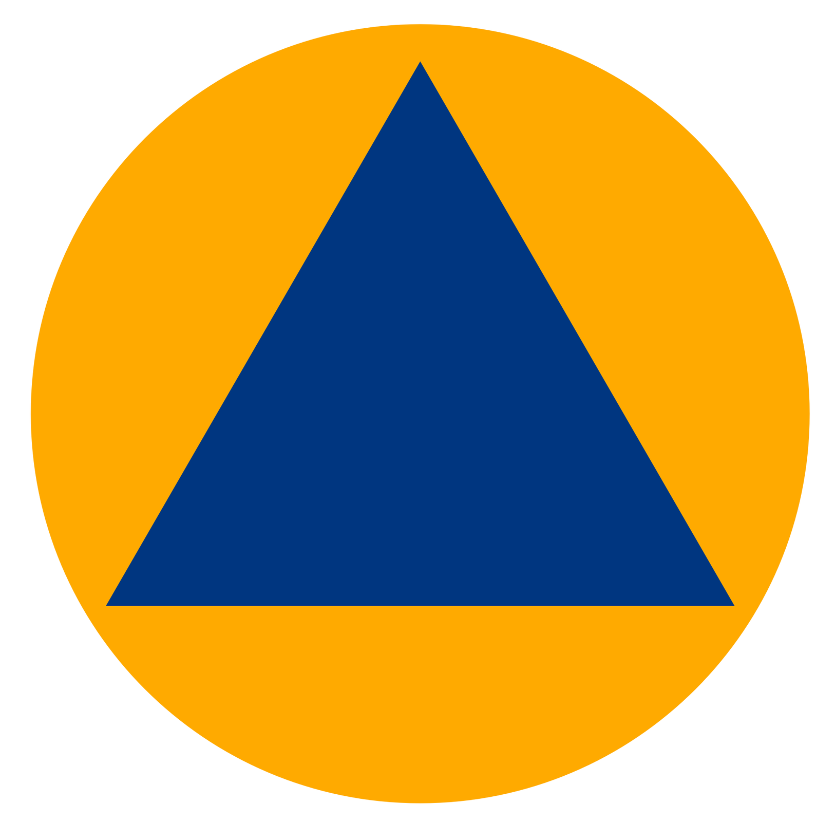 symbol ochrony ludności, granatowy trójkąt wpisany w żółte koło