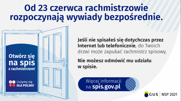 Grafika z napisem &quot;Od 23 czerwca br. rachmistrzowie spisowi rozpoczną wywiady bezpośrednie w Narodowym Spisie Powszechnym Ludności i Mieszkań 2021&quot;