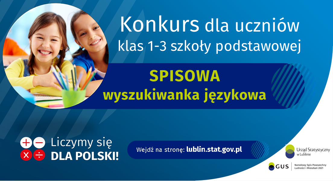 Dwójka uśmiechniętych dzieci, napis konkurs dla uczniów klas 1-3 szkoły podstawowej