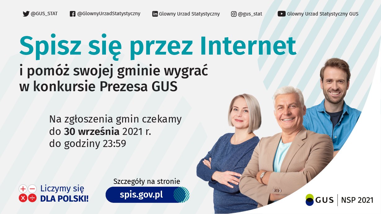 trójka uśmiechniętych ludzi, napis na banerze Spisz się przez Internet