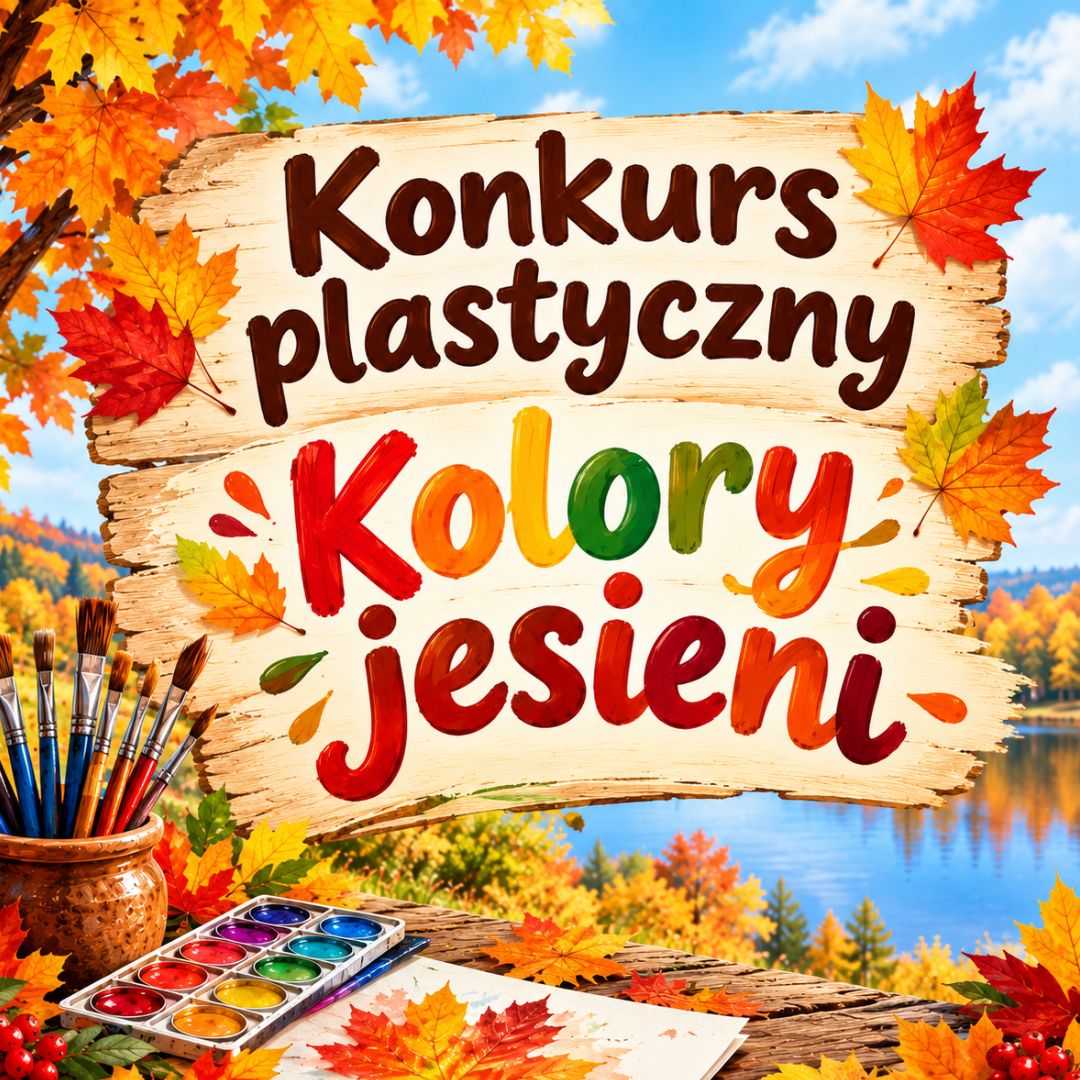 Na tle jesiennego krajobrazu widoczny jest napis Konkurs plastyczny "Kolory jesieni".