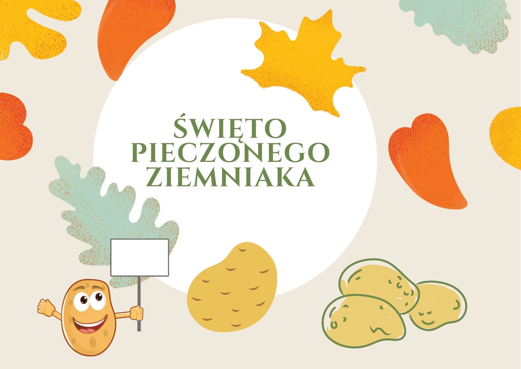 Grafika przedstawia liście jesienne i ziemniaki oraz napis: Święto Pieczonego Ziemniaka