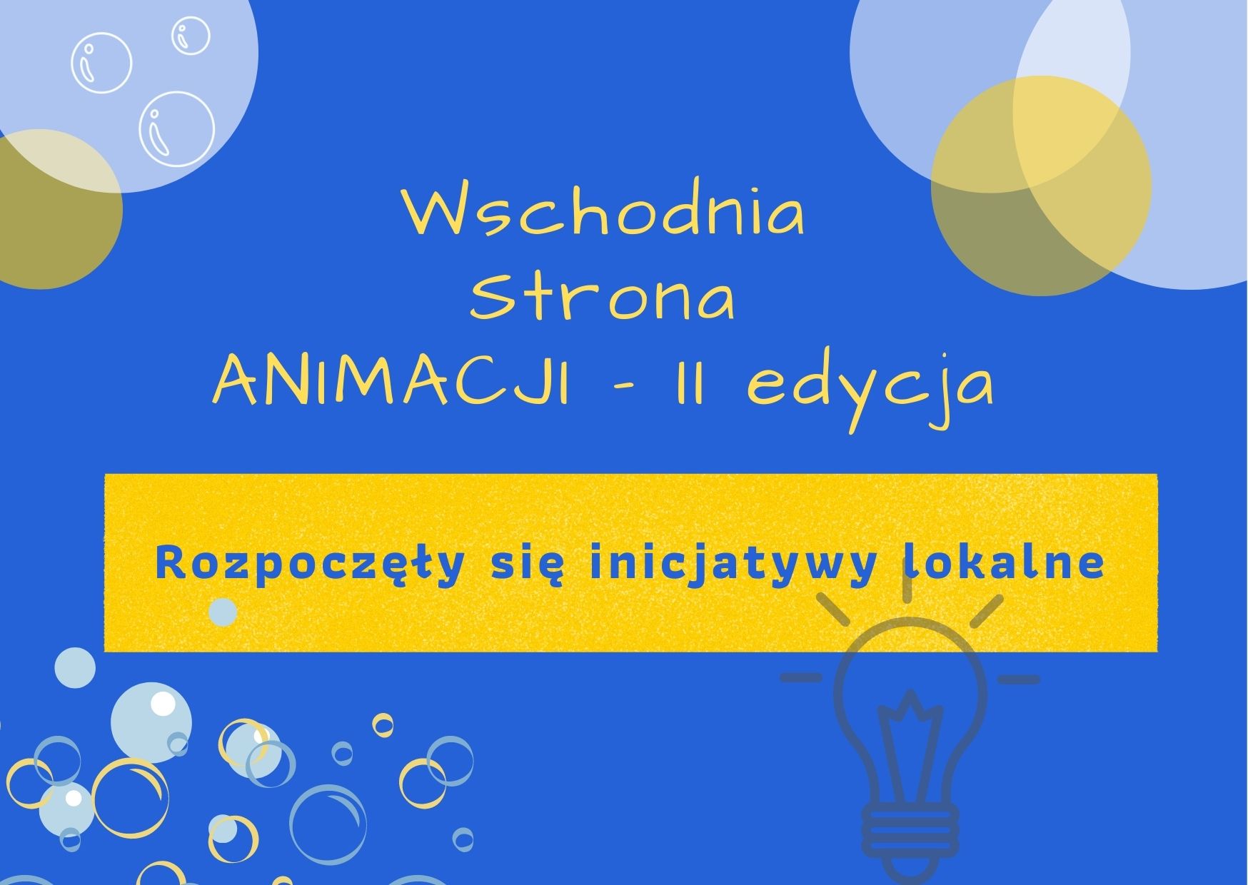 Grafika przedstawia niebieskie tło oraz kółka, napis: &quot;wschodnia Strona Animacji - II edycja. Rozpoczęły się inicjatywy lokalne&quot;.