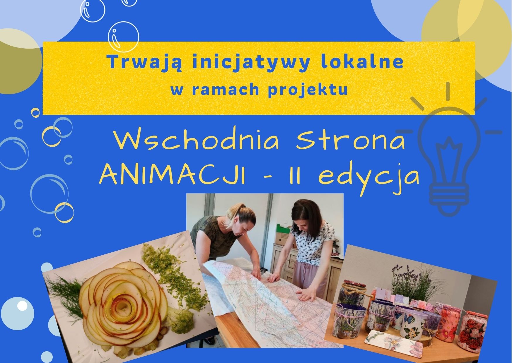 Grafika przedstawia na niebieskim tle napis: Trwają inicjatywy lokalne w ramach projektu Wschodia Strona Animacji -II edycja