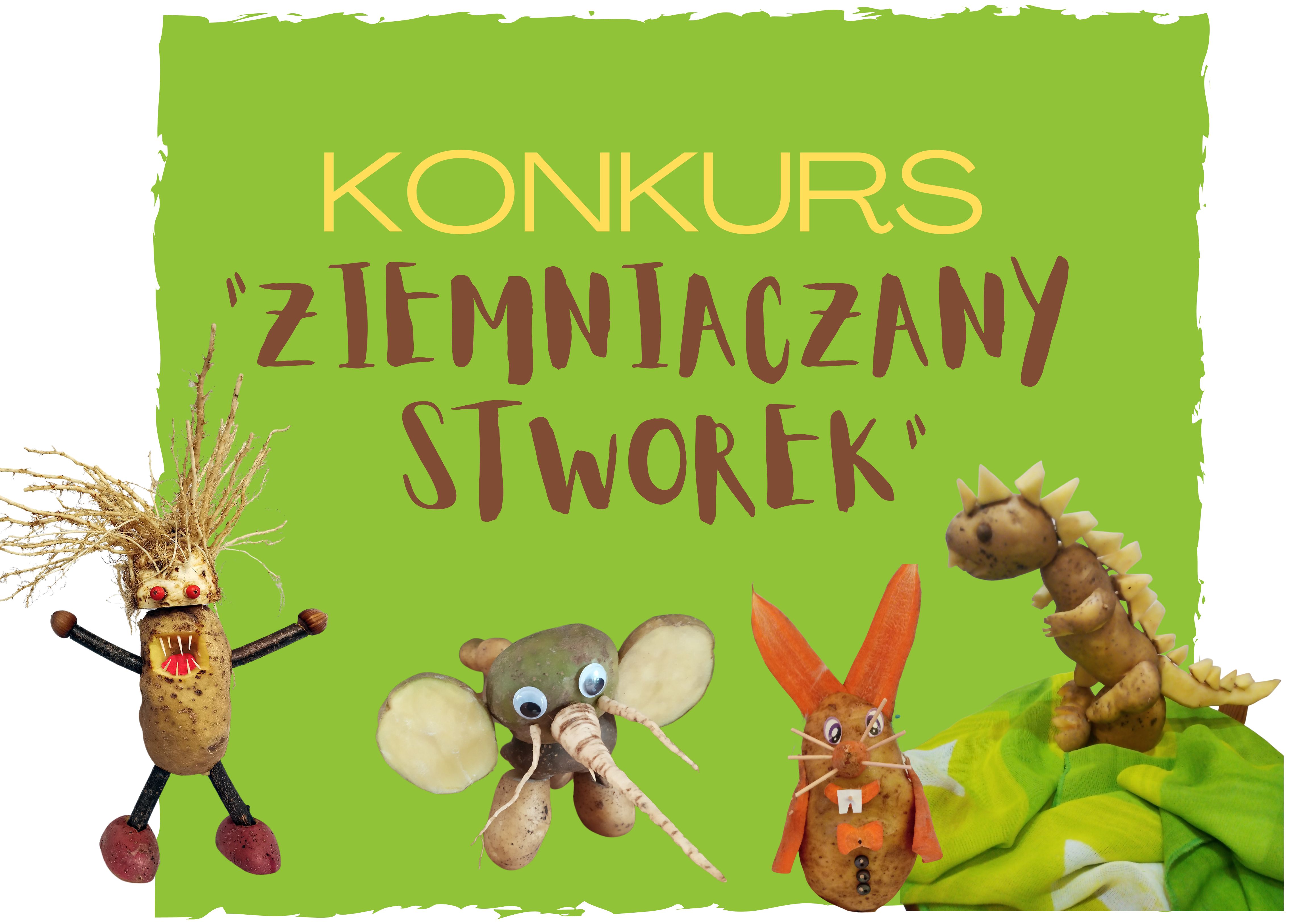 Grafika przedstawia ziemniaczane stworki oraz napis konkurs ziemniaczany stworek