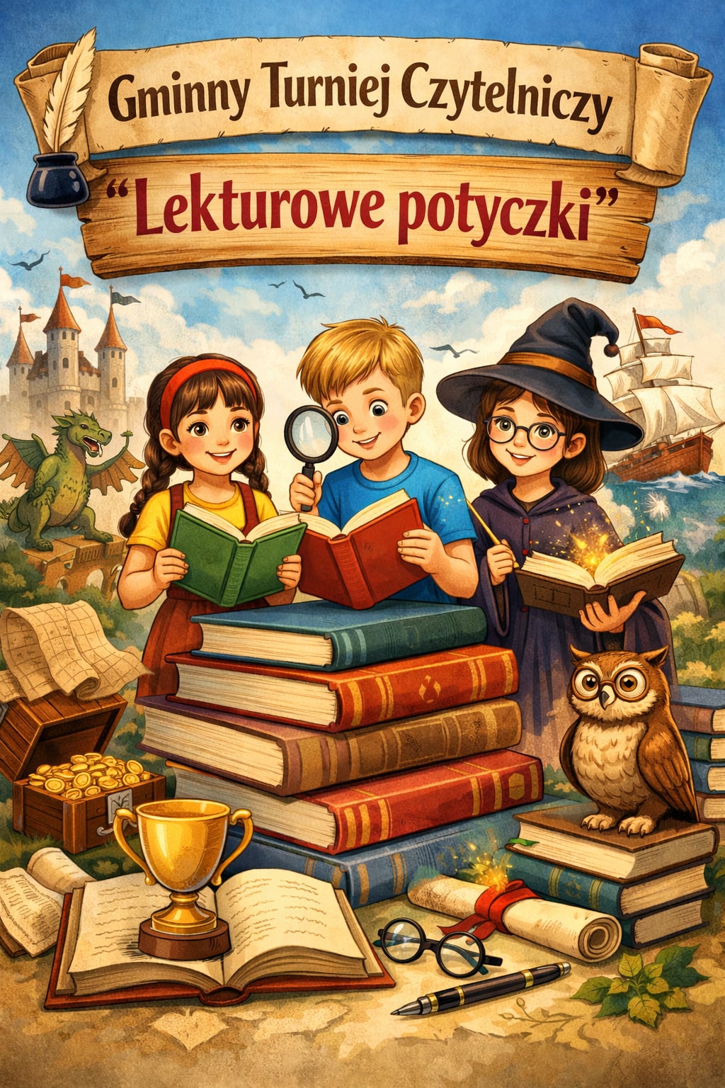Na grafice widoczna jest trójka dzieci w otoczeniu książek. Wszystkie elementy umieszczone są na niebiesko brązowym tle. W górze grafiki widnieje napis "Gminny Turniej Czytelniczy, Lekturowe potyczki"