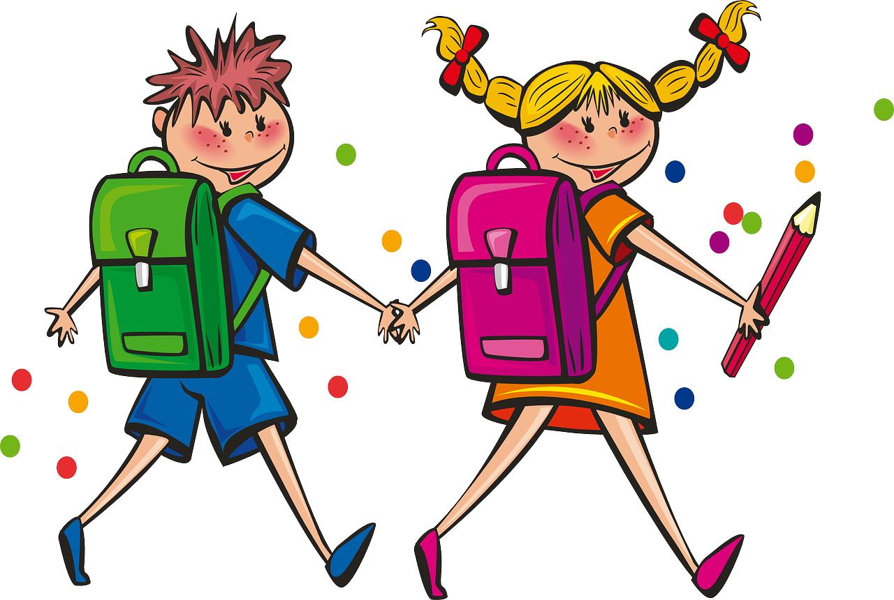 Rysunek przedstawiający chłopca i dziewczynkę w kolorowych ubraniach i z plecakami na plecach, idących i trzymających się za ręce