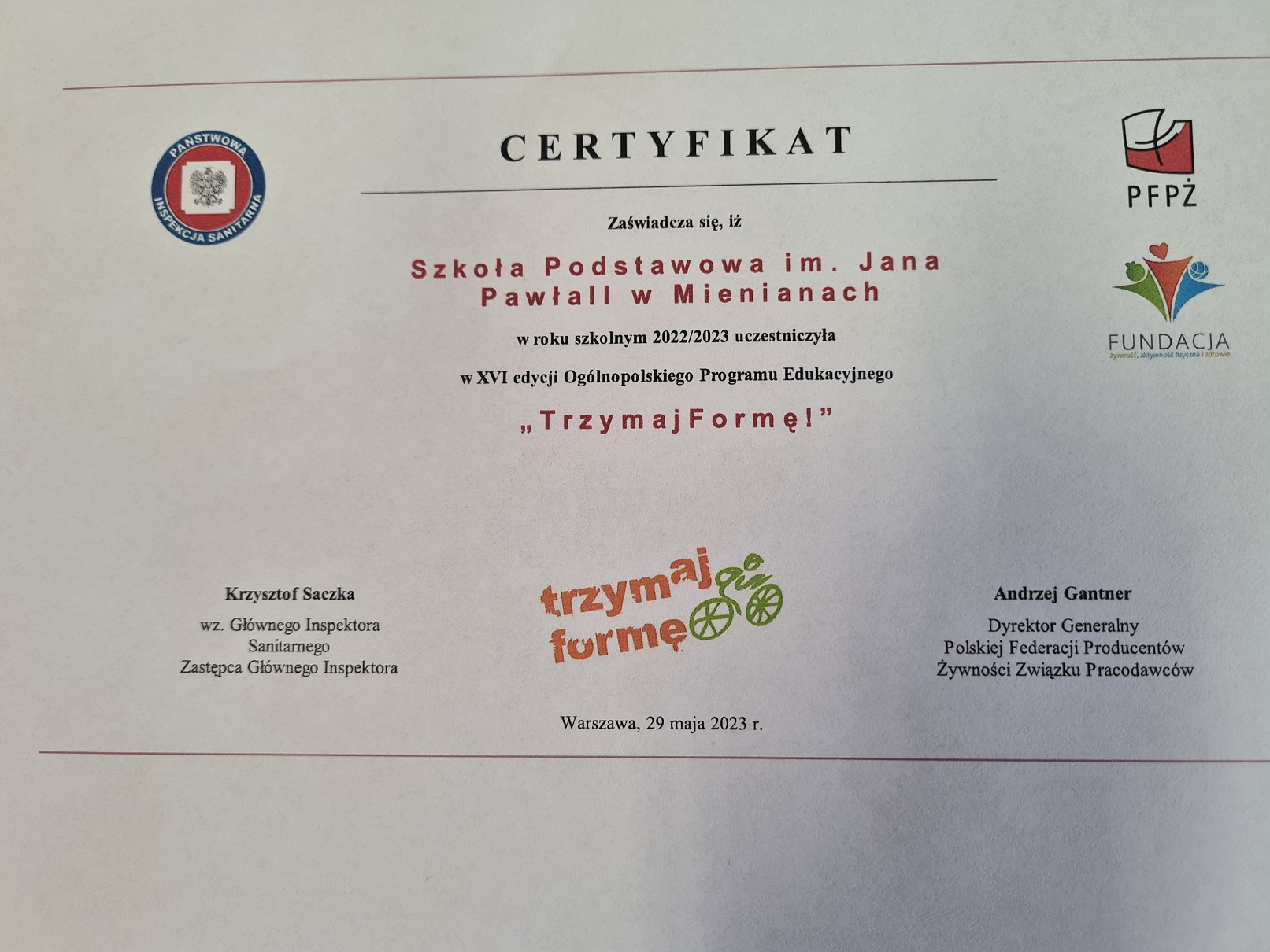 Certyfikat potwierdzający udział w programie.