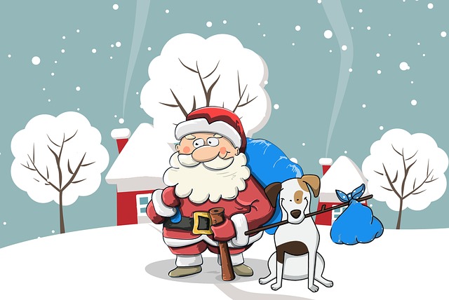Rysunek przedstawia sceneroę zimową, Mikołaj z prezentami obok pies.