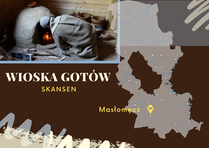 Na brązowym tle napis Wioska Gotów, skansen, mapa gminy Hrubieszów ze wskazaną miejscowością masłomęcz, zdjęcie człowieka palącego w glinianym piecu 