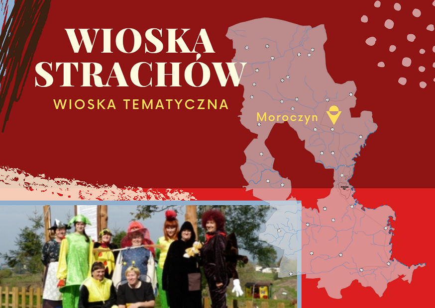  Na czerwonym tle napis Wioska strachów, wioska tematyczna, mapa gminy Hrubieszów ze wskazaną miejscowością moroczyn, zdjęcie 9 osób przebranych w kolorowe stroje postaci z bajek