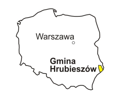 Kontur mapy Polski ze wskazanym miejscem gdzie znajduje się Warszawa a gdzie Gmina Hrubieszów