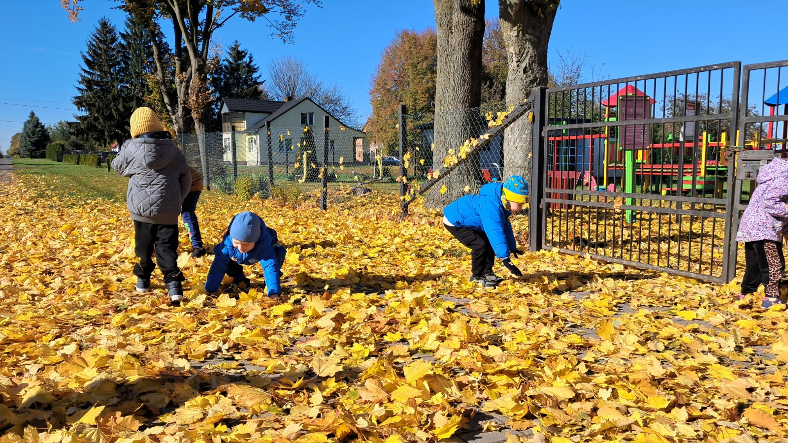 Dzieci prezentują się w tle jesiennych liści.