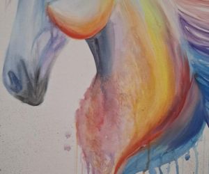 Obraz przedstawiający głowę konia w tęczowych barwach
