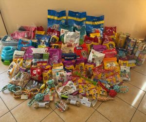 Zdjęcie przedstawia zebrane dary w postaci karmy i innych akcesoriów potrzebnych przy opiece nad zwierzętami