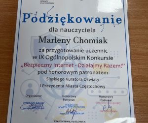 Podziękowanie dla nauczyciela za przygotowanie uczennic do konkursu