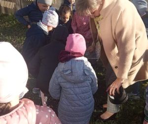 Dzieci z pomocą wychowawczyni sadzą drzewo na placu szkolnym