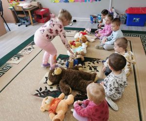 Zabawa z wykorzystaniem pluszowych misiów w młodszej grupie przedszkolnej.