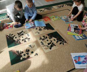  Przedszkolaki siedzą na dywanie i samodzielnie oglądają książki rozłożone wokół nich.