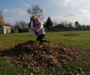 Dziewczynki wskakują w usypane liście