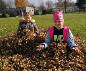 Dwie dziewczynki siedzą w usypanych liściach