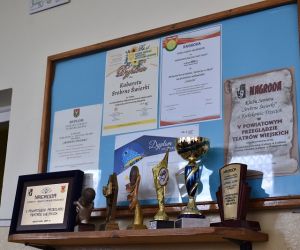 Statuetki i odznaczenia stoją przed tablicą, na której przyczepione są dyplomy.
