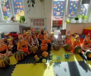 Dzieci siedzą w półkolu podczas zajęć w sali przedszkolnej, przed dziećmi są poukładane dynie różniej wielkości.
