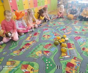 dzieci siedzą w kole i ogładą dynie ułożone na dywanie