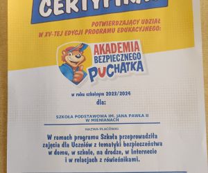 Certyfikat dla szkoły za udział w programie